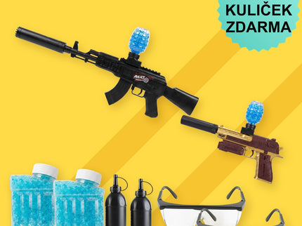 BLASTRO DUEL SET – obsah: AK47, GOLDEN, 2× 20 000 kuliček, 2 plnicí lahve, 2× ochranné brýle