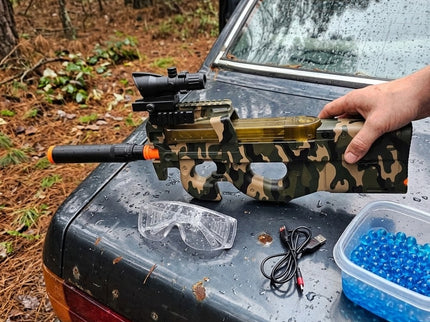 P90 po bitvě – brýle, kabel a kuličky