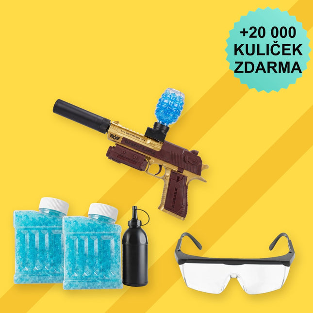 BLASTRO GOLDEN STARTER SET – obsah: GOLDEN, 2× 20 000 kuliček, plnicí lahev, ochranné brýle